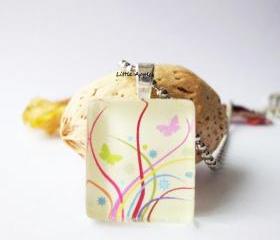Spring Butterfly Yellow Square Scabble Glass Tile Pendant