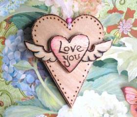 LOVE YOU wooden winged heart - wood burnt, hand painted, ready to hang