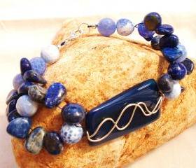  Blue Agate / Lapis Lazuli Chunky Bracelet Handmade Jewelry