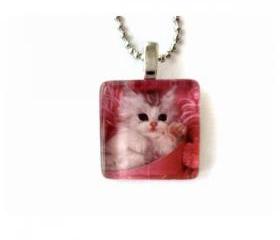 Sweet Pink Cat Kitten Glass Tile Teens