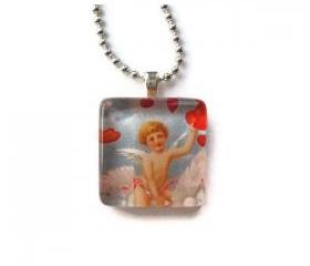 Gifts Angelic Cupid Delivering Love Message Glass Tile Pendant Romance