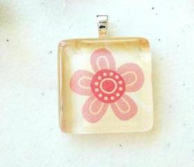 Sweet Pink Flower Square Glass Tile Pendant 7/8 inch