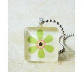 Handmade Jewelry Green Flower Glass Tile Pendant 7/8 inch Square