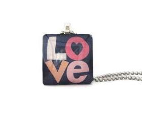 Funky Simple LOVE letters word Square Glass Tile Pendant