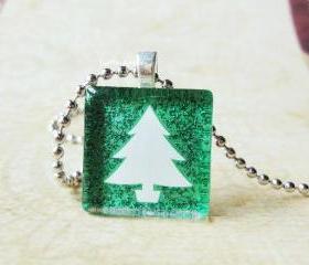 Glitter Green Christmas Tree Dainty Glass Tile Pendant