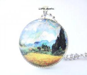 Van Gogh Wheat Field with Cypresses Painting Round Glass Pendant