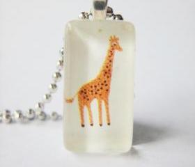 Orange Giraffe Toy Box Domino Glass Tile Pendant