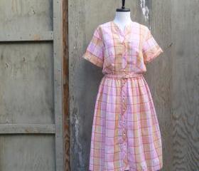 1970s Plaid Shirt Dress in Pinks