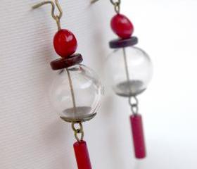 Asian Hand Blown Glass Earrings-Red Coral Earrings