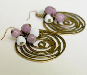 Brass Filigree Spiral with Cluster Glass Boho Chic Dangle Earrings