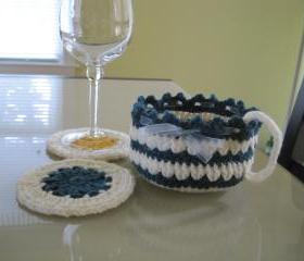 Crochet Cup-shaped Basket - Natural/teal heather (CCB2)