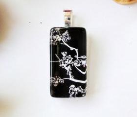 Black White Blooming Flowers on Tree Silhouette Glass Tile Domino Rectangle