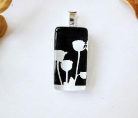 Three Black White Roses Domino Glass Tile Pendant