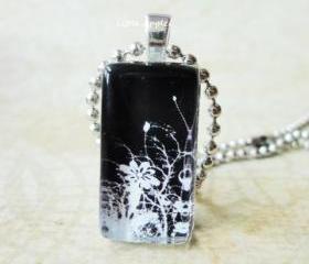 Handmade Gift Wild Flowers Black White Rectangle Glass Pendant