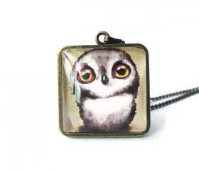 Super Adorable Brown White Wise Owl Square Glass Antique Brass Necklace