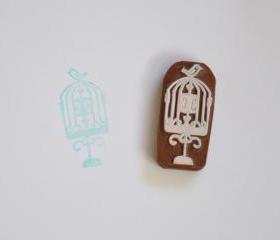Hand Carved Rubber Stamp / Bird Cage