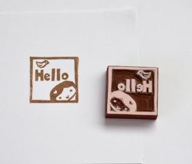 Hand Carved Rubber Stamp / Hello