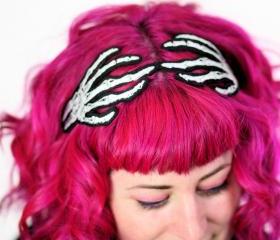 Skeleton Hands Headband, Wired Hair Band, Grey and White embroidered