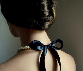 Pearl And Ribbon Necklace Bridesmaids Gifts Pearl Necklace With Swarovski Crystal Pearls And Black Satin Ribbon