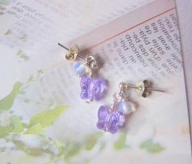 Purple Fluttery Gems Earrings- 925 Silver pierce, MoonStone & Butterfly Swarovski Crystal