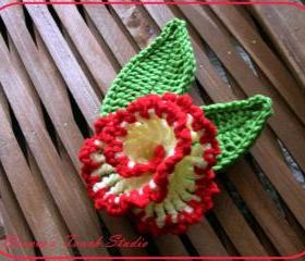 Vanilla and Cherry Flower. CROCHET PATTERN. Applique, Brooch, Clipie, Embelishments.