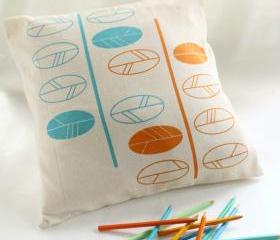 Spring CUSHION, pillow COVER hand printed with leaves in orange and turquoise