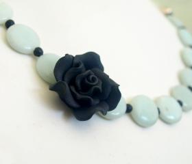Black Flower Necklace - Amazonite Blue and Black Statement Necklace