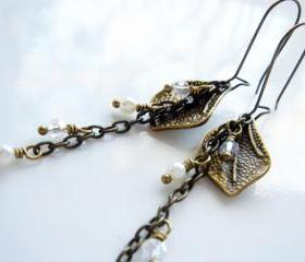 Long Autumn Leaves Pearls and Crystals Brass Earrings