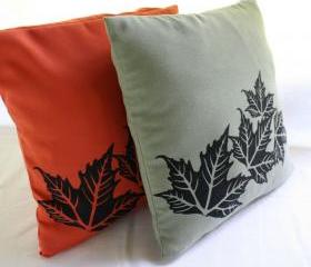 Terracotta or green PILLOW COVERS with leaves handprinted