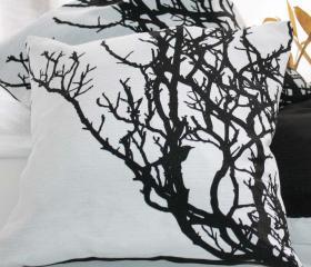 Black and white CUSHION tree branch screenprinted - Hand printed PILLOW CASE