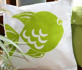 CUSHION cover, with green fish hand printed.