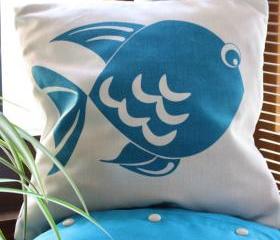Natural and Blue CUSHION cover, handmade, with blue fish handprinted.