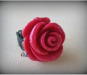 Large Honeysuckle Pink Rose on Black Brass Filigree Ring - Adjustable - Jewelry by FIVE