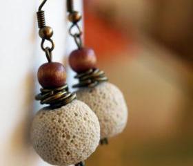  Ivory lava stone Earrings with wood and brass washers- Rustic earrings