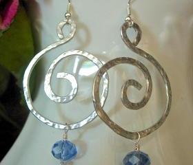 Hand Hammered Bold Earrings, Silver Colored Aluminum, with Blue Sparkle Bead Accent, Modern, Bold,