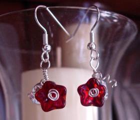 Feminine and Dainty Ruby Red Glass Flower and Leaf Earrings, silver plated
