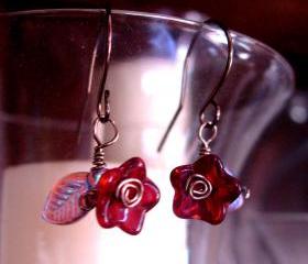 Antique Brass Wire Earrings with Ruby Colored Glass Flowers and Iridescent Leaves