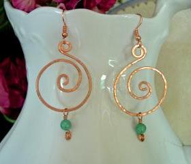 Natural Copper and Turquoise Hand Hammered Spiral Earrings, Pierced, Bold, Modern, Organic