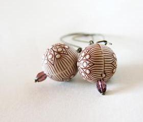 brown flowers earrings - wedding bridesmaid - cream brown purple antique bronze