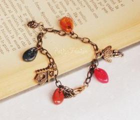 Walking in the wood in an Autumn morning, 'Treasures' collection, vintage style bracelet, brass, red, green, gold, brown