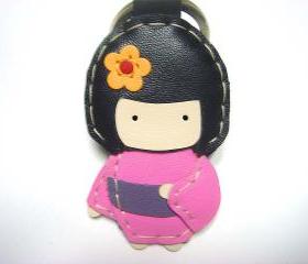 Sakura the Geisha Doll leather charm ( Pink )