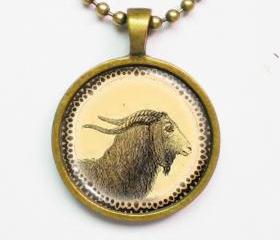 Vintage Animal Illustration Necklace - Capra Villosa - Altered Illustration Art