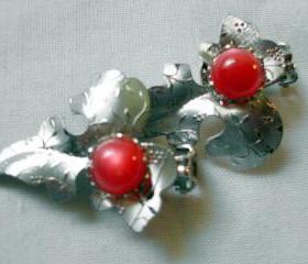 vintage earrings, silver foil leaves with red cabochons