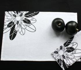 Linen PLACEMAT with black flower screen printed Set of 2