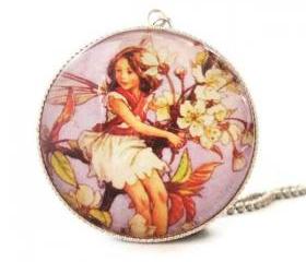 Antique Print Wild Cherry Blossom Flower Fairy Silver 30mm Glass Pendant