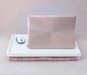 Laptop Lap Desk or Breakfast serving Tray -Off white with coral and haki green checked frabric- Custom Order