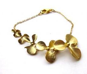 Gold Bracelet. Gold orchid flower wedding. Customize birthstone, birthday gift , bridesmaid. Flower Bracelet. Personalized