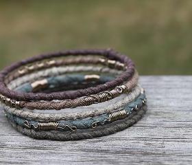 Tribal Bangle Bracelet Set Forest Child II - Recycled fabric wire wrapped. 5 Bangles.