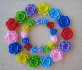 28PCS - Double Rainbow Mix - Color Me Happy - Rose Flower Cabochons - 10mm and 18mm - Findings by ZARDENIA