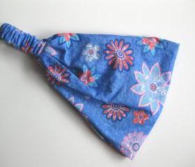 Head Wrap Headband Dreadband Womens Bandana Floral Print on Blue